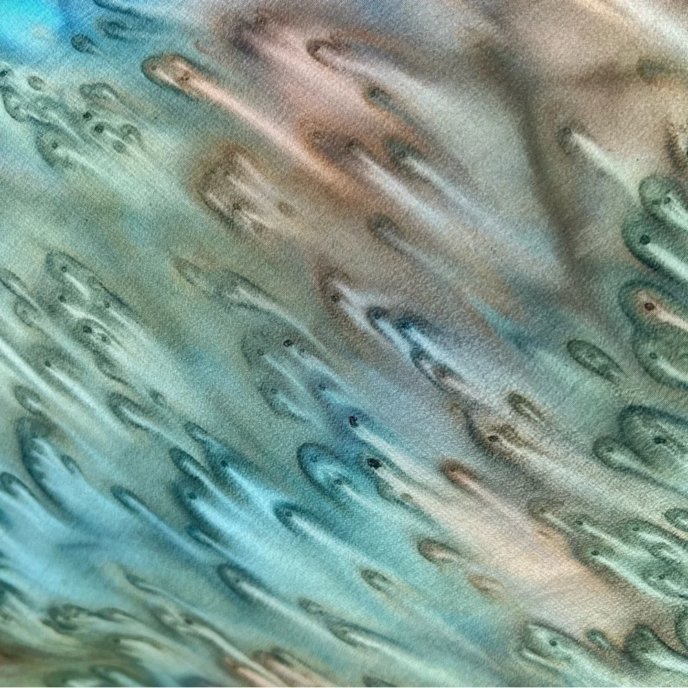 Vintage BYL 100% Silk Watercolor Scarf Hand Rolled Edges 31” x 34.5” Blue Green